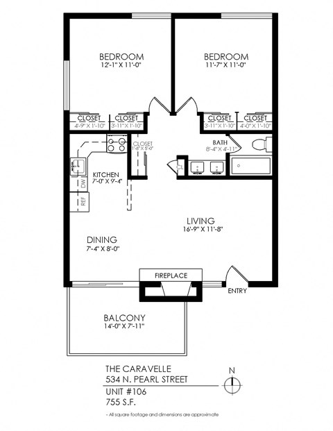 Floor plan for 2 beds, 1 bath, 745 sqft